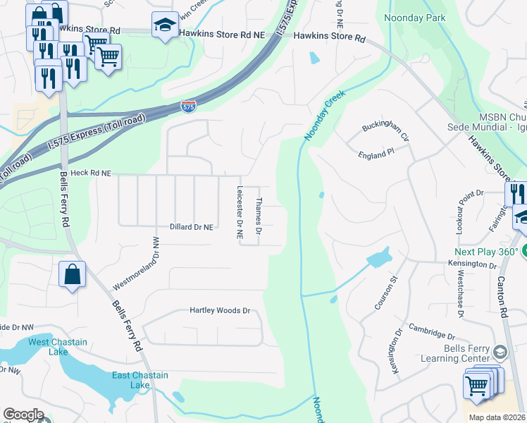 map of restaurants, bars, coffee shops, grocery stores, and more near 162 Hyde Park Court in Kennesaw
