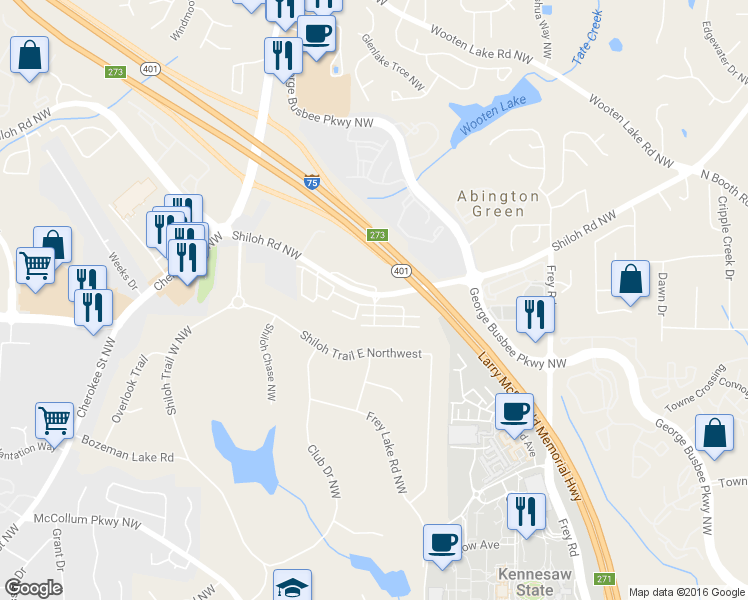 map of restaurants, bars, coffee shops, grocery stores, and more near 1301 Shiloh Road Northwest in Kennesaw