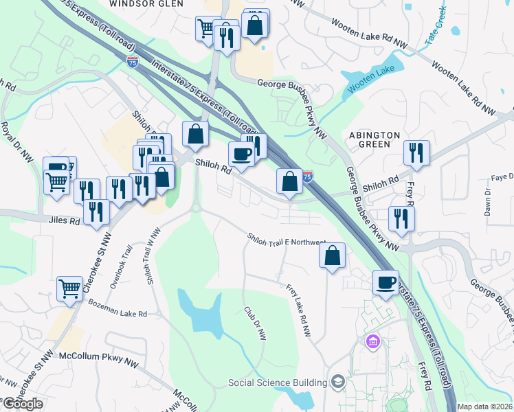 map of restaurants, bars, coffee shops, grocery stores, and more near 1301 Shiloh Road in Kennesaw