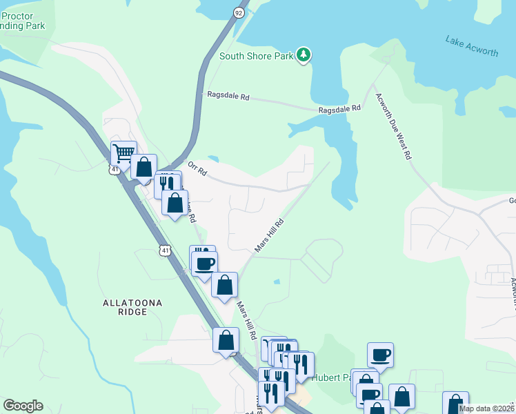 map of restaurants, bars, coffee shops, grocery stores, and more near 3793 Clear Lake Way Northwest in Acworth