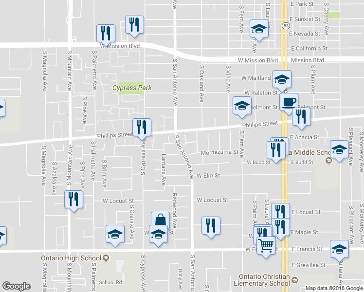 map of restaurants, bars, coffee shops, grocery stores, and more near 575 West Contempo Court in Ontario