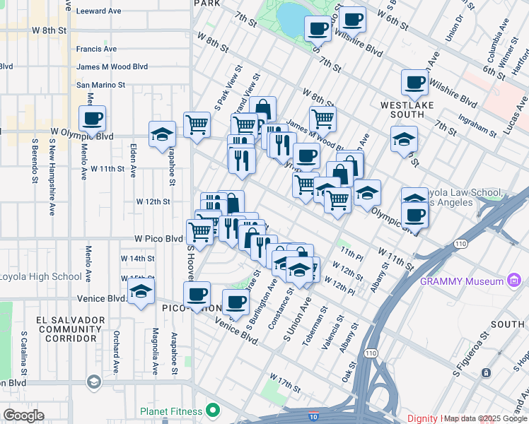 map of restaurants, bars, coffee shops, grocery stores, and more near 1842 West 11th Place in Los Angeles