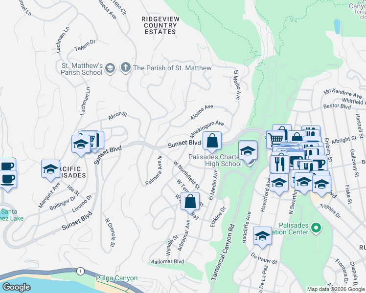 map of restaurants, bars, coffee shops, grocery stores, and more near 16100 Sunset Boulevard in Los Angeles