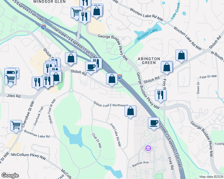 map of restaurants, bars, coffee shops, grocery stores, and more near 1301 Shiloh Road Northwest in Kennesaw