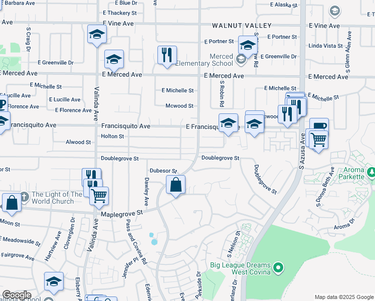map of restaurants, bars, coffee shops, grocery stores, and more near 16816 Alwood Street in La Puente