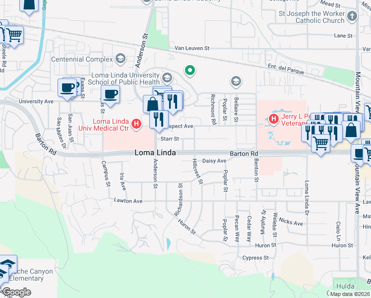 map of restaurants, bars, coffee shops, grocery stores, and more near 25044 Barton Road in Loma Linda