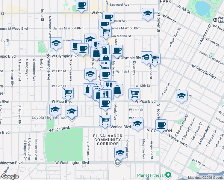 map of restaurants, bars, coffee shops, grocery stores, and more near 1232 Vermont Avenue in Los Angeles