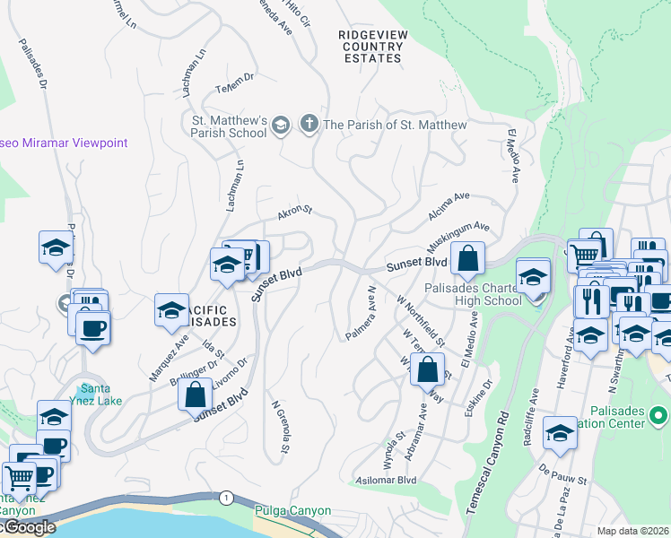 map of restaurants, bars, coffee shops, grocery stores, and more near 16450 Sunset Boulevard in Los Angeles