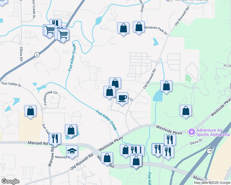 map of restaurants, bars, coffee shops, grocery stores, and more near 1050 Northfield Court in Roswell