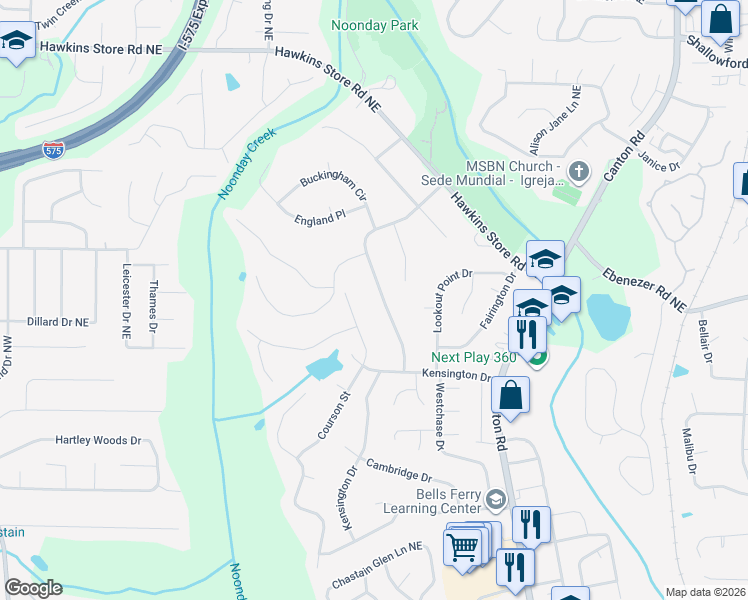 map of restaurants, bars, coffee shops, grocery stores, and more near 3960 Courson Street in Marietta