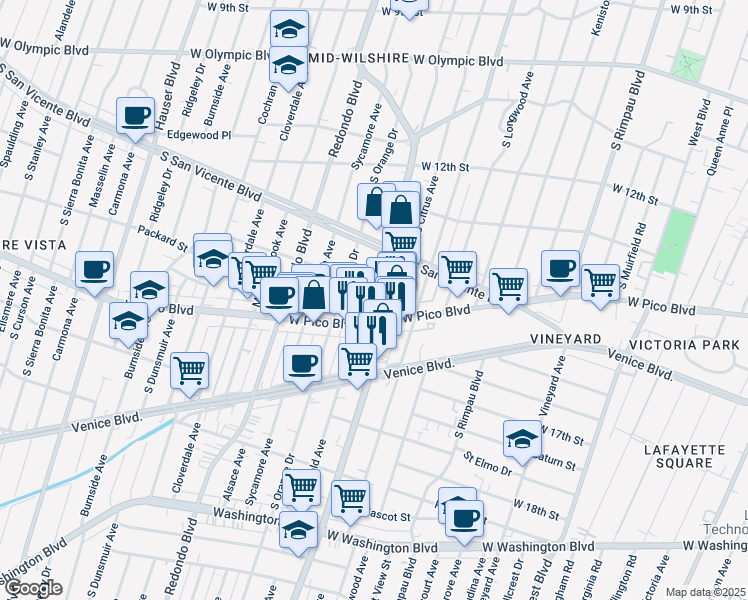 map of restaurants, bars, coffee shops, grocery stores, and more near 1372 South Mansfield Avenue in Los Angeles