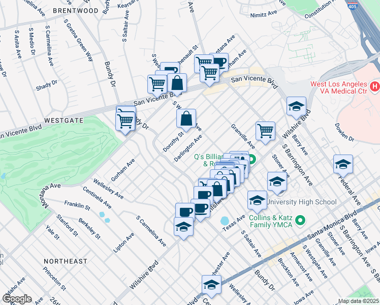 map of restaurants, bars, coffee shops, grocery stores, and more near 11956 Darlington Avenue in Los Angeles