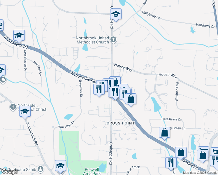 map of restaurants, bars, coffee shops, grocery stores, and more near 11000 Crabapple Road in Roswell