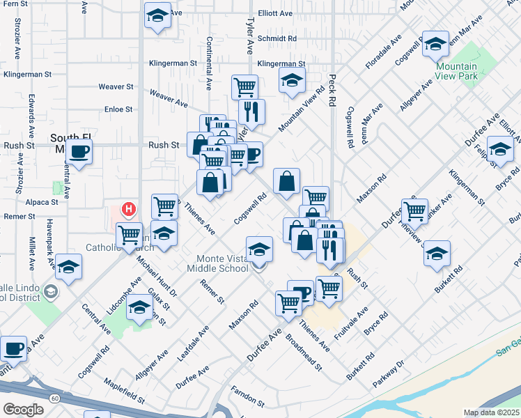 map of restaurants, bars, coffee shops, grocery stores, and more near 1924 Cogswell Road in South El Monte
