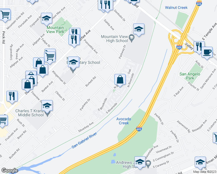 map of restaurants, bars, coffee shops, grocery stores, and more near 12700 Elliott Avenue in El Monte