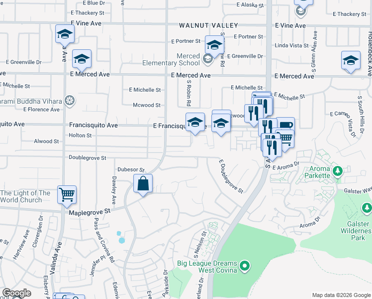 map of restaurants, bars, coffee shops, grocery stores, and more near 17050 Alwood Street in West Covina