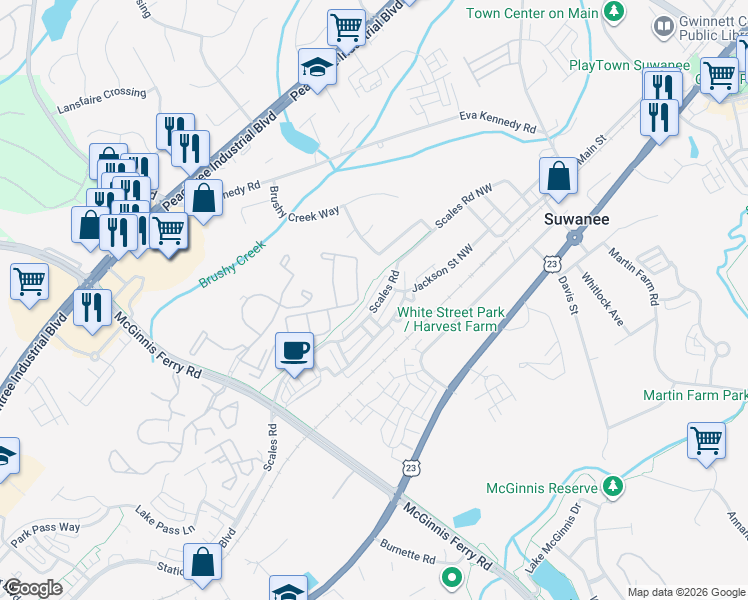 map of restaurants, bars, coffee shops, grocery stores, and more near 816 Scales Road in Suwanee