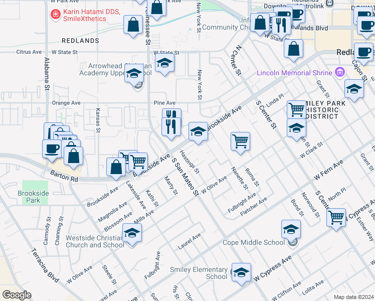 map of restaurants, bars, coffee shops, grocery stores, and more near 11 Hastings Street in Redlands