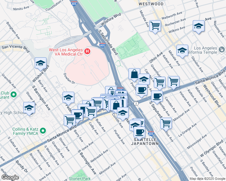 map of restaurants, bars, coffee shops, grocery stores, and more near 11258 Ohio Avenue in Los Angeles