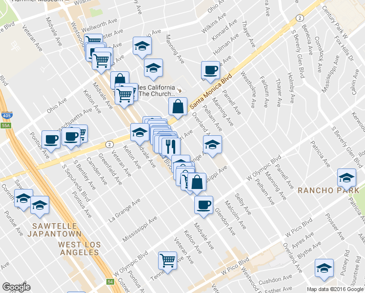 map of restaurants, bars, coffee shops, grocery stores, and more near 1915 Malcolm Avenue in Los Angeles