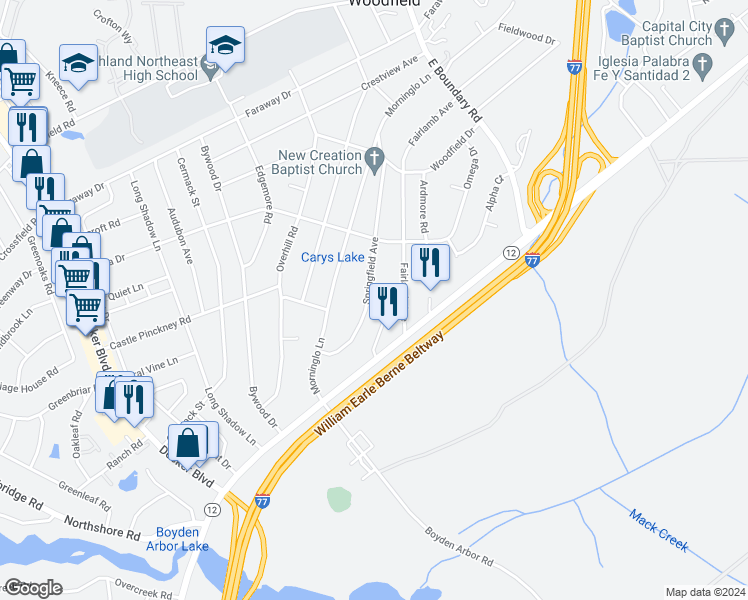 map of restaurants, bars, coffee shops, grocery stores, and more near 1758 Springfield Avenue in Columbia