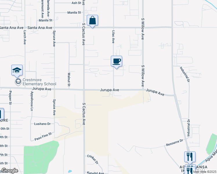 map of restaurants, bars, coffee shops, grocery stores, and more near 19474 Jurupa Avenue in Bloomington