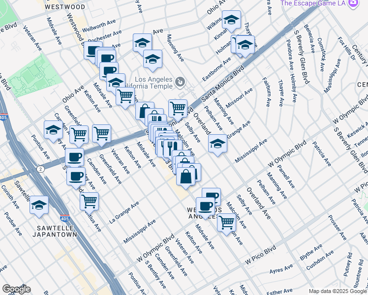 map of restaurants, bars, coffee shops, grocery stores, and more near 1915 Malcolm Avenue in Los Angeles