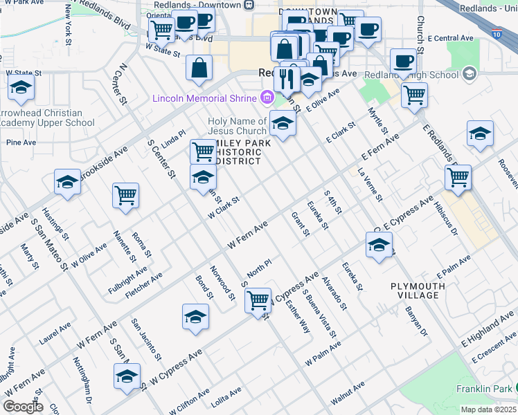 map of restaurants, bars, coffee shops, grocery stores, and more near 324 South Buena Vista Street in Redlands