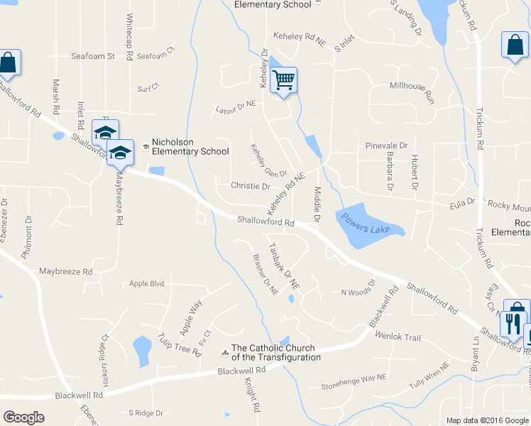 map of restaurants, bars, coffee shops, grocery stores, and more near 4151 Keheley Road Northeast in Marietta