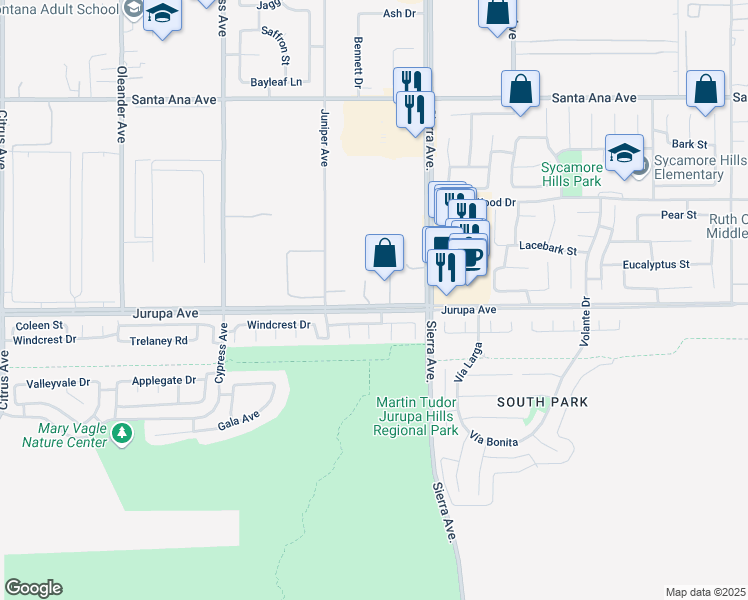 map of restaurants, bars, coffee shops, grocery stores, and more near 16798 Jurupa Avenue in Fontana