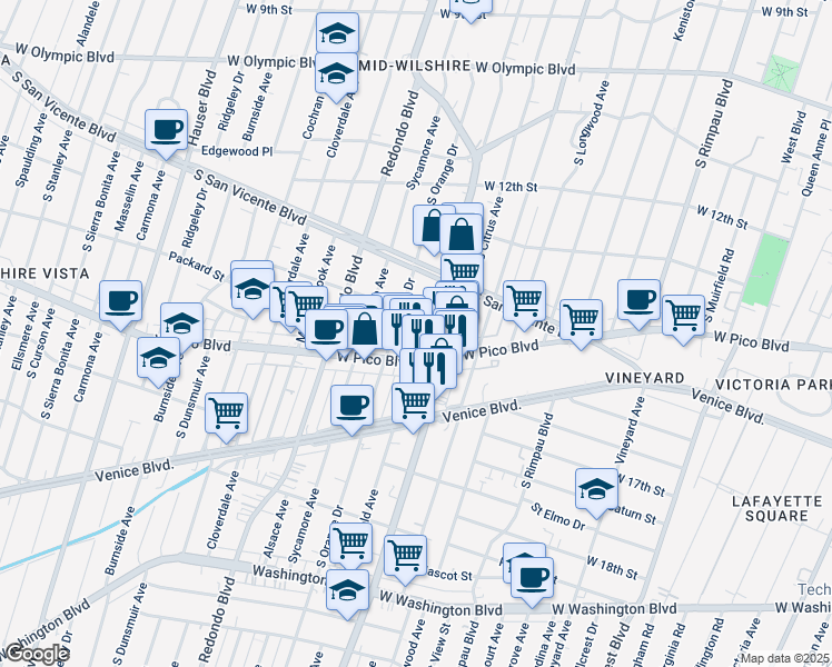 map of restaurants, bars, coffee shops, grocery stores, and more near 1365 South Mansfield Avenue in Los Angeles