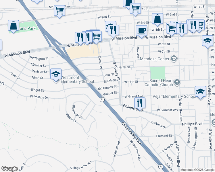 map of restaurants, bars, coffee shops, grocery stores, and more near 1555 Mc Comas Street in Pomona