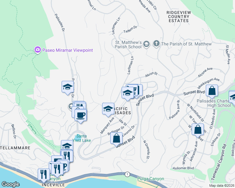 map of restaurants, bars, coffee shops, grocery stores, and more near 657 Lachman Lane in Los Angeles