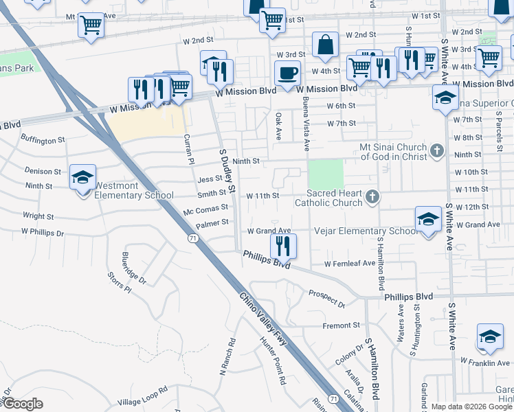 map of restaurants, bars, coffee shops, grocery stores, and more near 1152 Hansen Avenue in Pomona