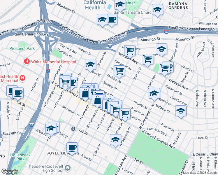 map of restaurants, bars, coffee shops, grocery stores, and more near 2452 Boulder Street in Los Angeles