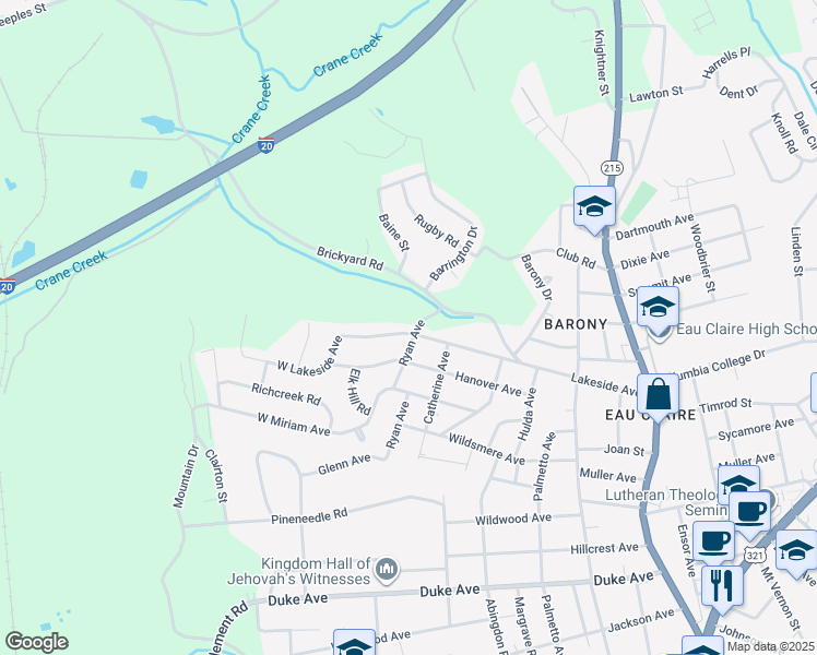 map of restaurants, bars, coffee shops, grocery stores, and more near 101 West Lakeside Avenue in Columbia