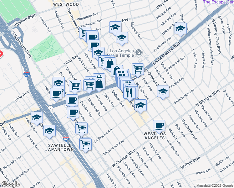 map of restaurants, bars, coffee shops, grocery stores, and more near 1844 Midvale Avenue in Los Angeles