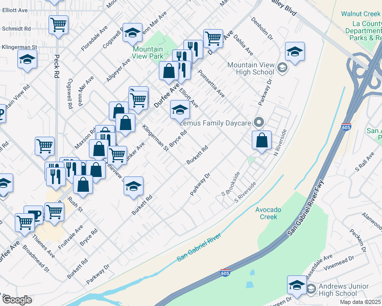 map of restaurants, bars, coffee shops, grocery stores, and more near 2435 Burkett Road in El Monte