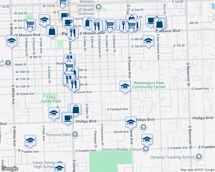 map of restaurants, bars, coffee shops, grocery stores, and more near 580 East 12th Street in Pomona