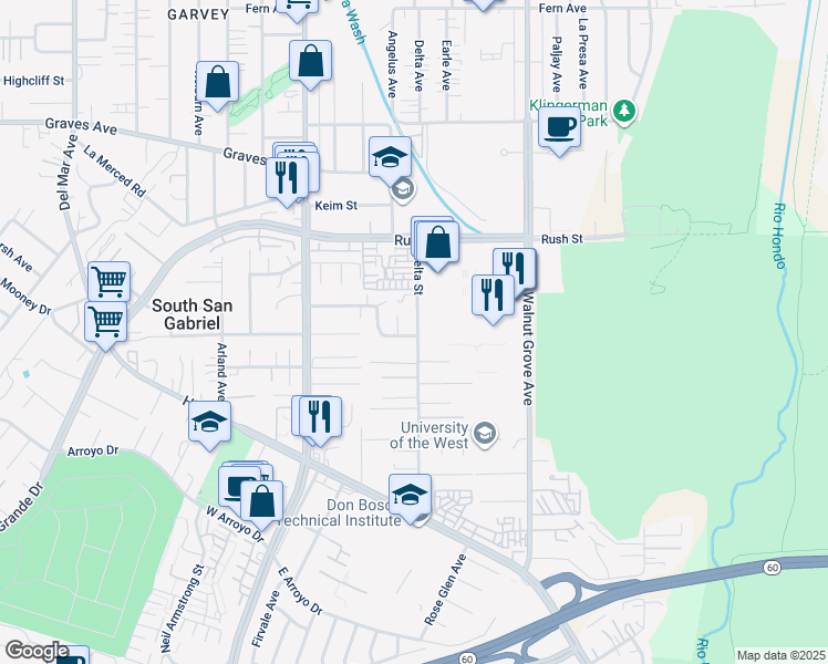 map of restaurants, bars, coffee shops, grocery stores, and more near 1718 Delta Street in Rosemead