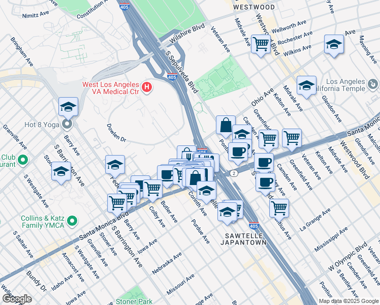 map of restaurants, bars, coffee shops, grocery stores, and more near 11258 Ohio Avenue in Los Angeles