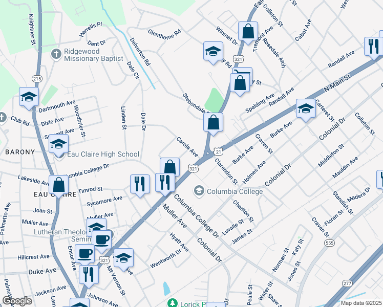 map of restaurants, bars, coffee shops, grocery stores, and more near 1106 Carola Avenue in Columbia