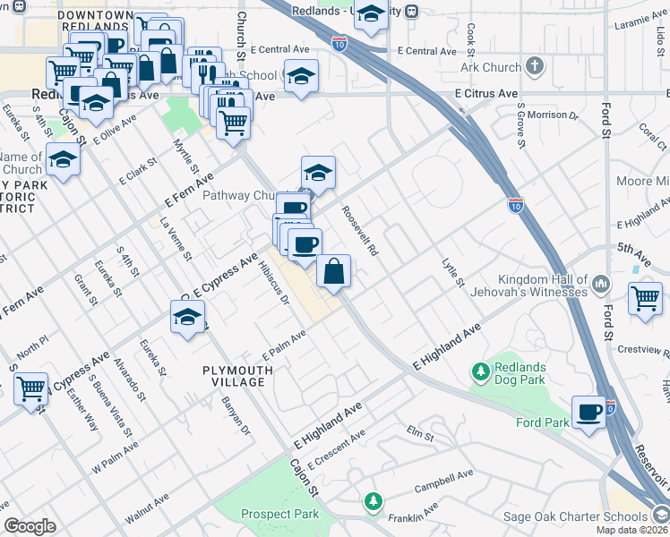 map of restaurants, bars, coffee shops, grocery stores, and more near 635 East Palm Avenue in Redlands
