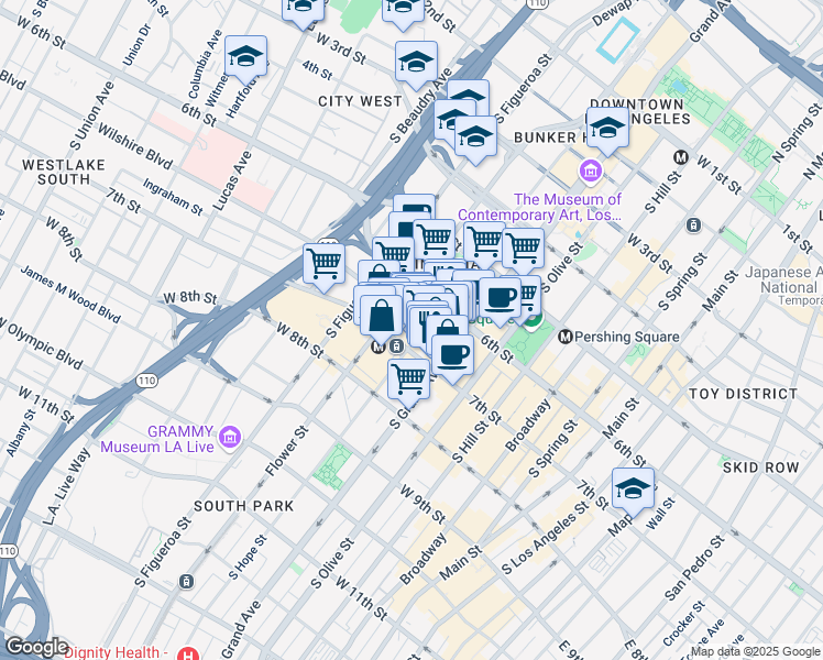 map of restaurants, bars, coffee shops, grocery stores, and more near 630 South Hope Street in Los Angeles