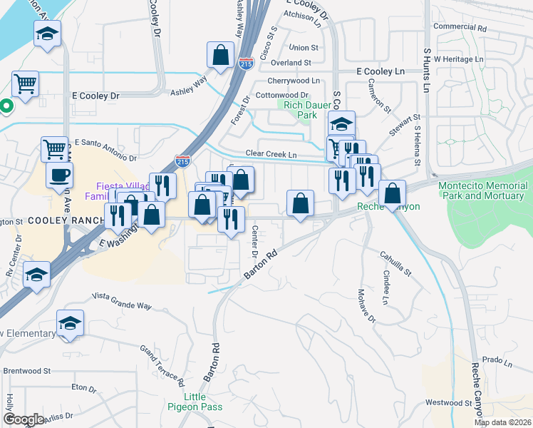 map of restaurants, bars, coffee shops, grocery stores, and more near 1735 East Washington Street in Colton