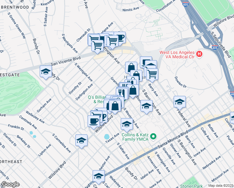 map of restaurants, bars, coffee shops, grocery stores, and more near 11827 Goshen Avenue in Los Angeles