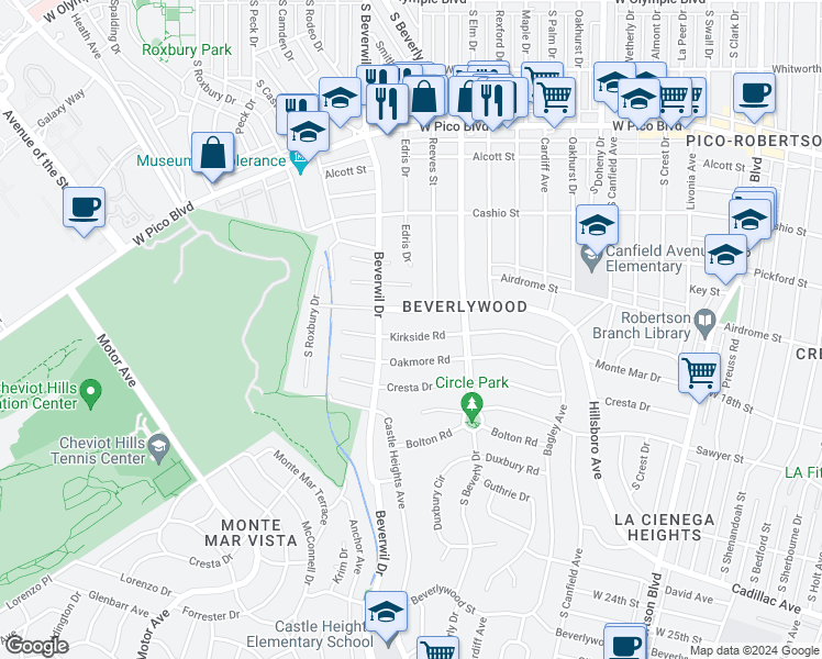 map of restaurants, bars, coffee shops, grocery stores, and more near 9607 Kirkside Road in Los Angeles