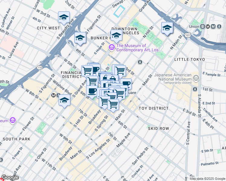 map of restaurants, bars, coffee shops, grocery stores, and more near 437 South Broadway in Los Angeles