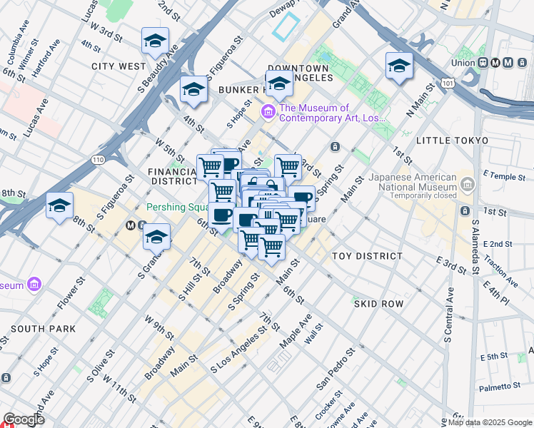 map of restaurants, bars, coffee shops, grocery stores, and more near 215 West 5th Street in Los Angeles