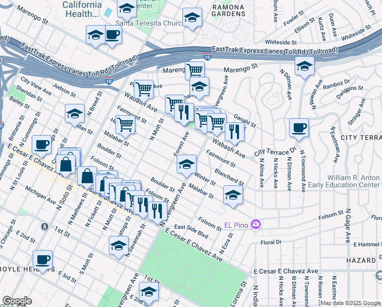 map of restaurants, bars, coffee shops, grocery stores, and more near 2829 Blanchard Street in Los Angeles